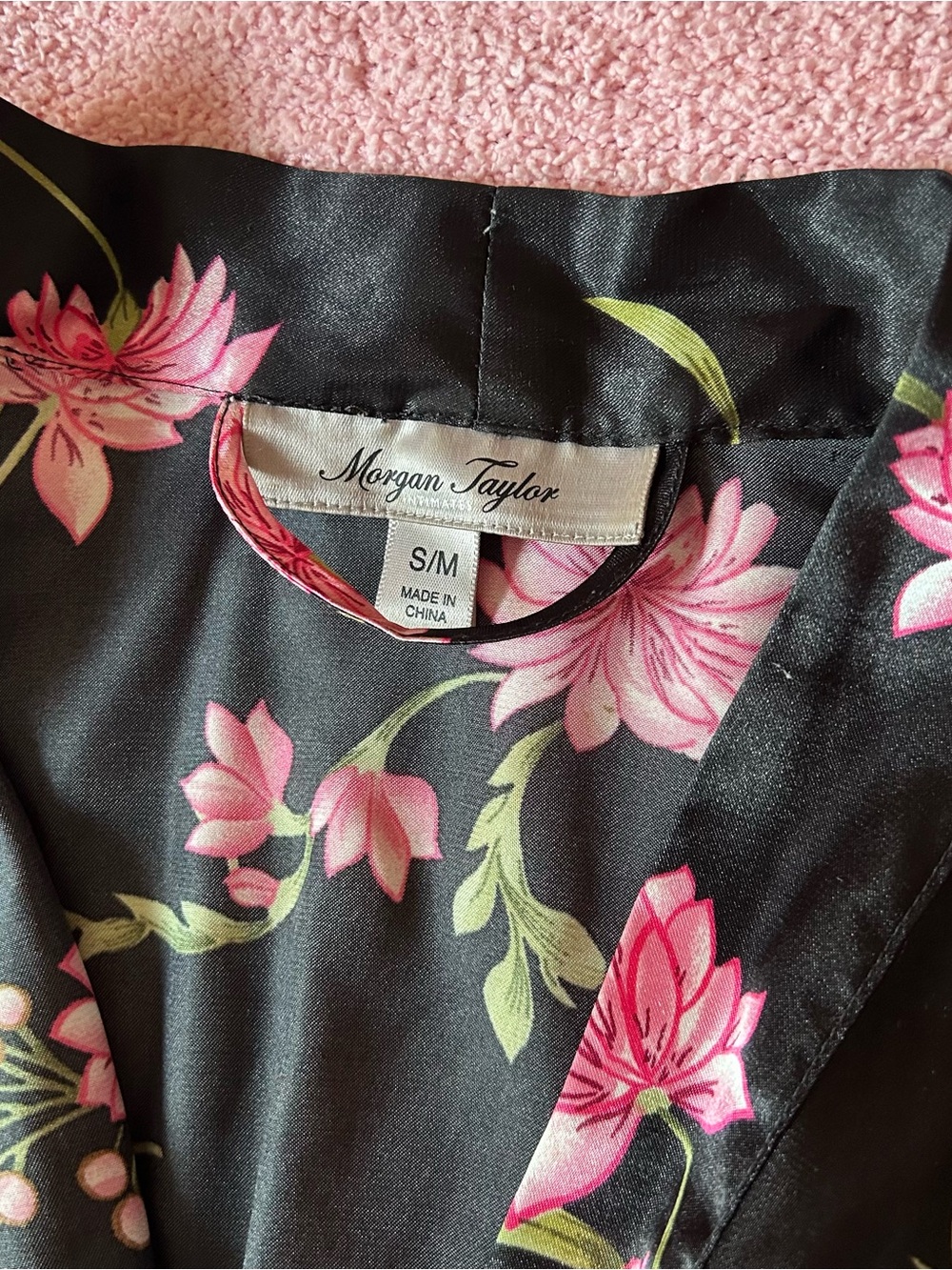 Morgan Taylor Black Satin Floral Robe with Pink & Green Blooms
